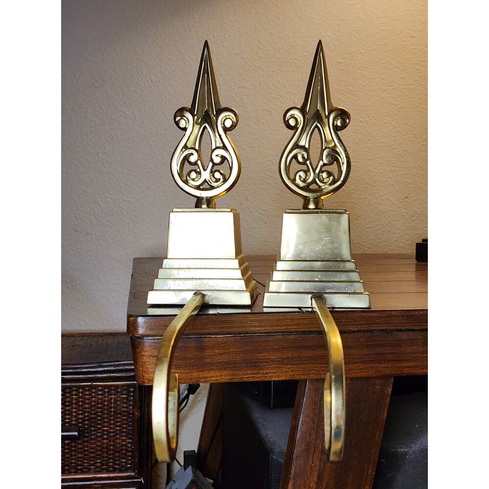 2 Vintage Solid Metal Gold 10" Christmas Stocking Hanger French Scroll Long Arm